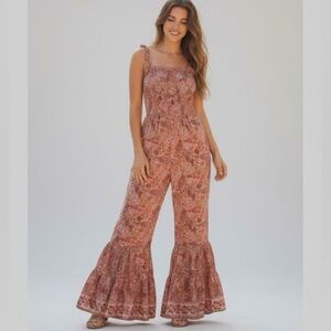 Scandal Italy Floral Smocked Flared Bell Bottom Jumpsuit Festival Boho SMALL NWT